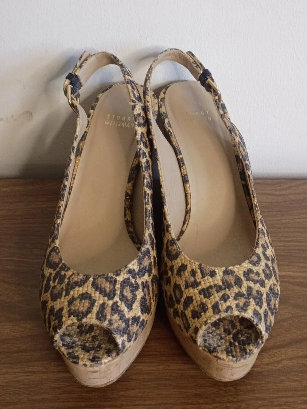 STUART WEITZMAN Sz 10N Animal Print Peep Toe Sling Back Wedge Heels - Picture 6 of 13